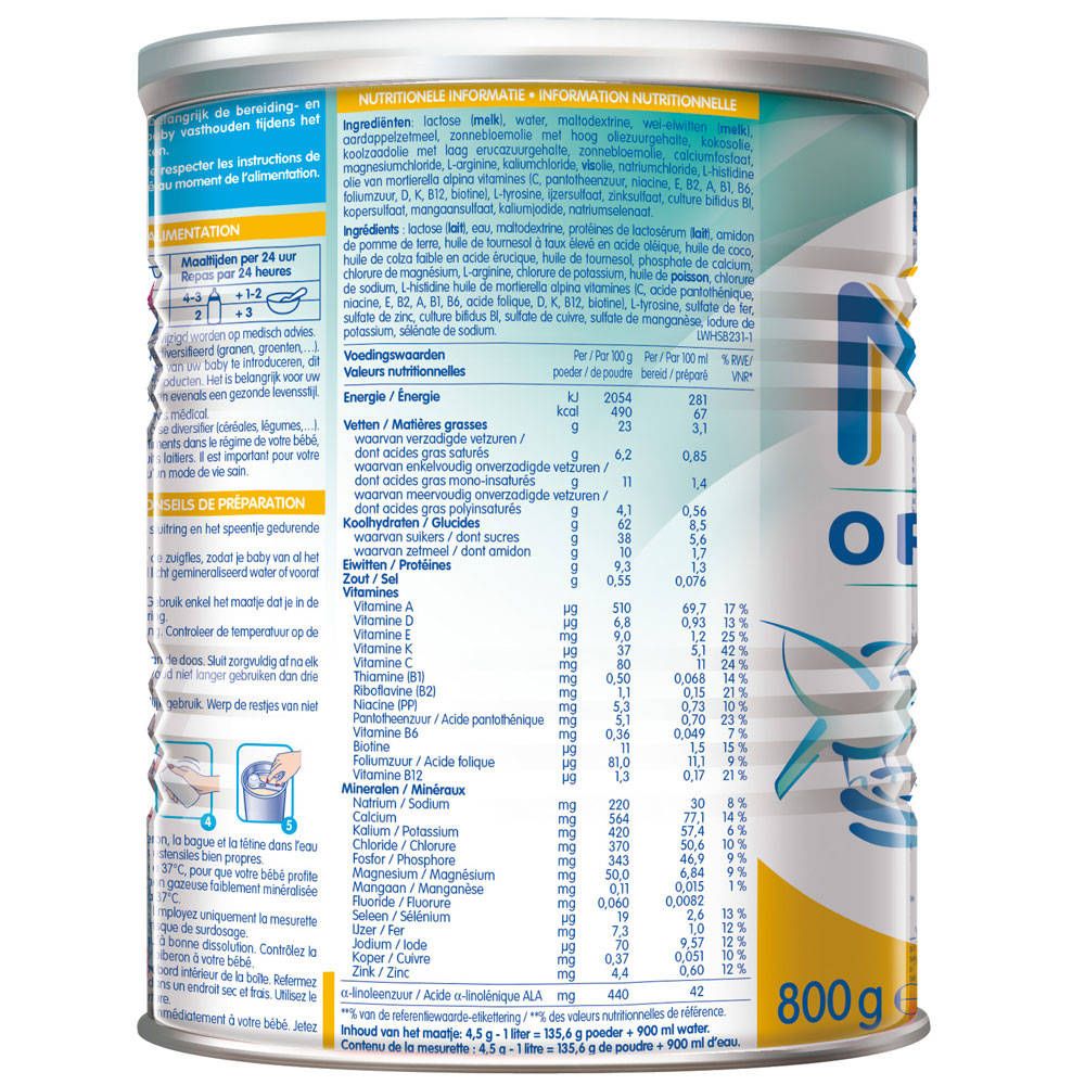 Dos de la boîte Nestlé NAN HA 2. Informations nutritionnelles, liste des ingrédients. Texte multilingue.