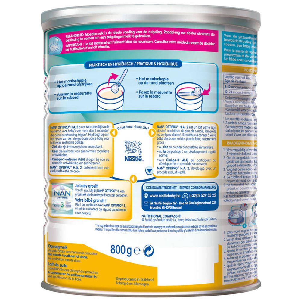 Dos de la boîte Nestlé NAN HA 2. Sections de texte, logo Nestlé. Instructions de préparation.