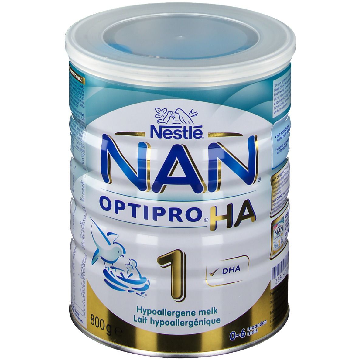 Boîte Nestlé NAN Optipro HA 1. Emballage bleu et blanc. Contient DHA. 800g. Pour bébés de 0 à 6 mois.