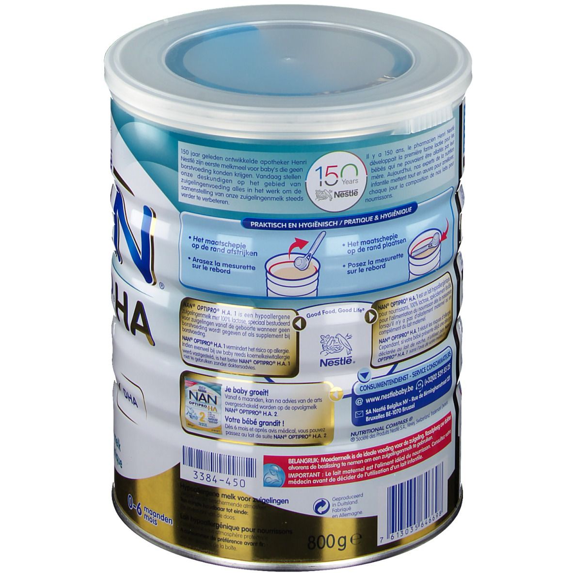 Dos de la boîte Nestlé NAN Optipro HA 1. Contient des informations de préparation et nutritionnelles. 800g.