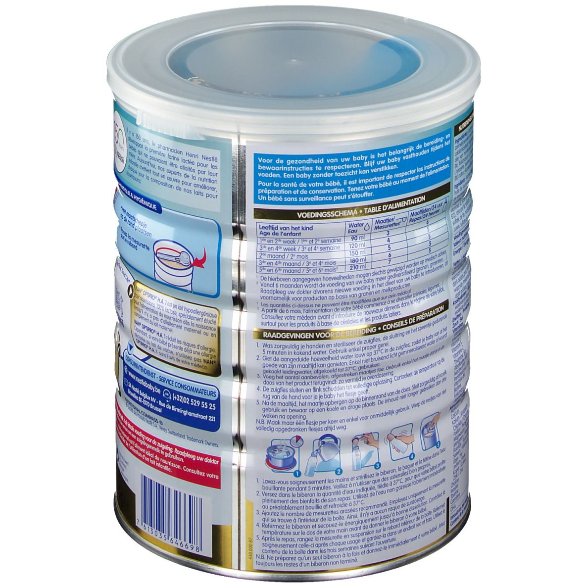 Dos de la boîte Nestlé NAN Optipro HA 1. Contient des informations de préparation et nutritionnelles. 800g.