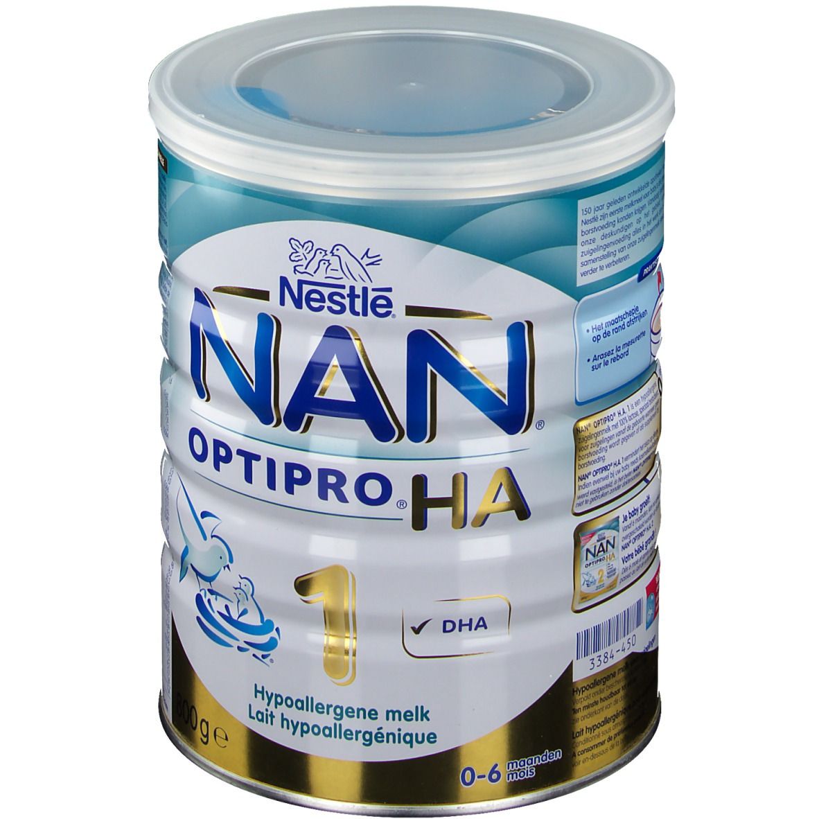 Boîte Nestlé NAN Optipro HA 1. Emballage bleu et blanc. Contient DHA. 800g. Pour bébés de 0 à 6 mois.