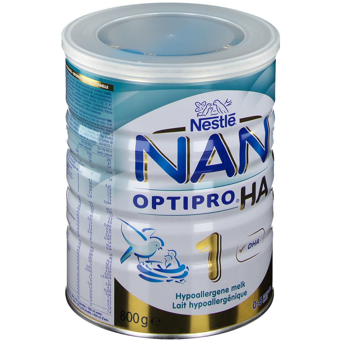 Boîte Nestlé NAN Optipro HA 1. Emballage bleu et blanc. Contient DHA. 800g. Pour bébés de 0 à 6 mois.