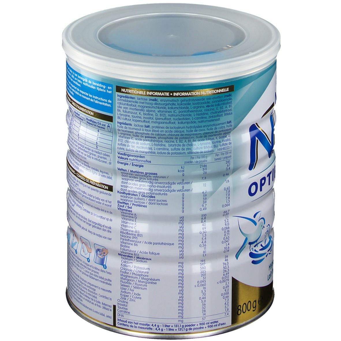 Dos de la boîte Nestlé NAN Optipro HA 1. Contient des informations de préparation et nutritionnelles. 800g.