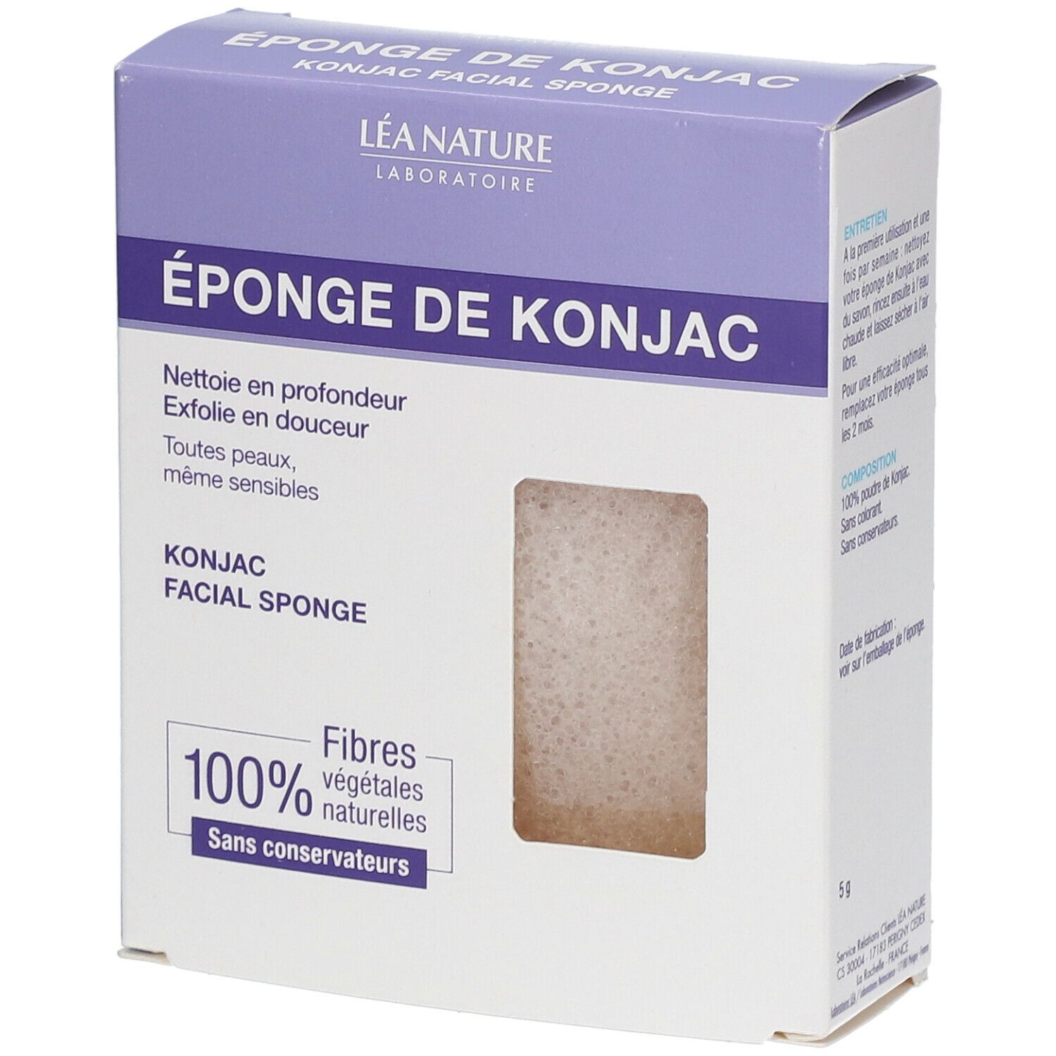 Boîte de Konjac Facial Sponge. Texte: ÉPONGE DE KONJAC, 100% fibres végétales naturelles, sans conservateurs. Éponge visible.