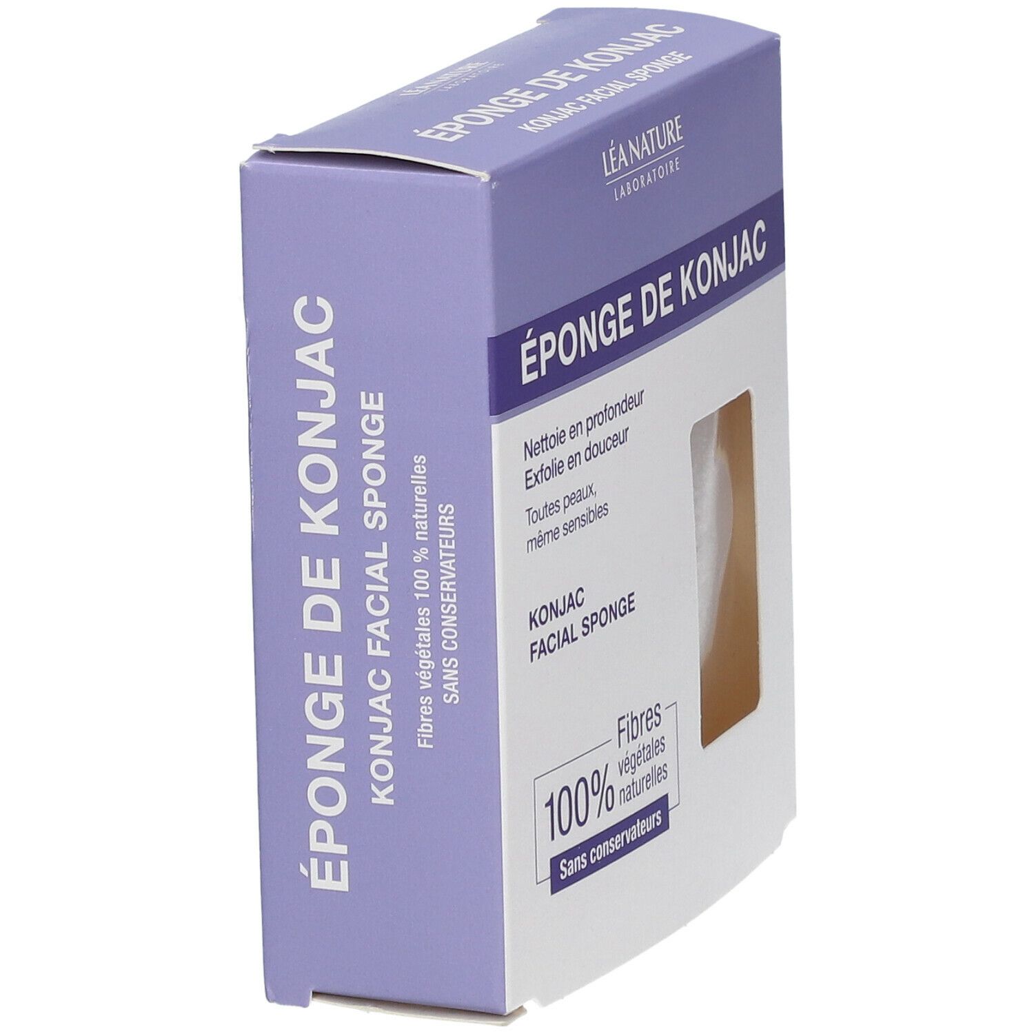 Boîte de Konjac Facial Sponge en biais. Texte: ÉPONGE DE KONJAC, 100% fibres végétales naturelles, sans conservateurs. Éponge visible.