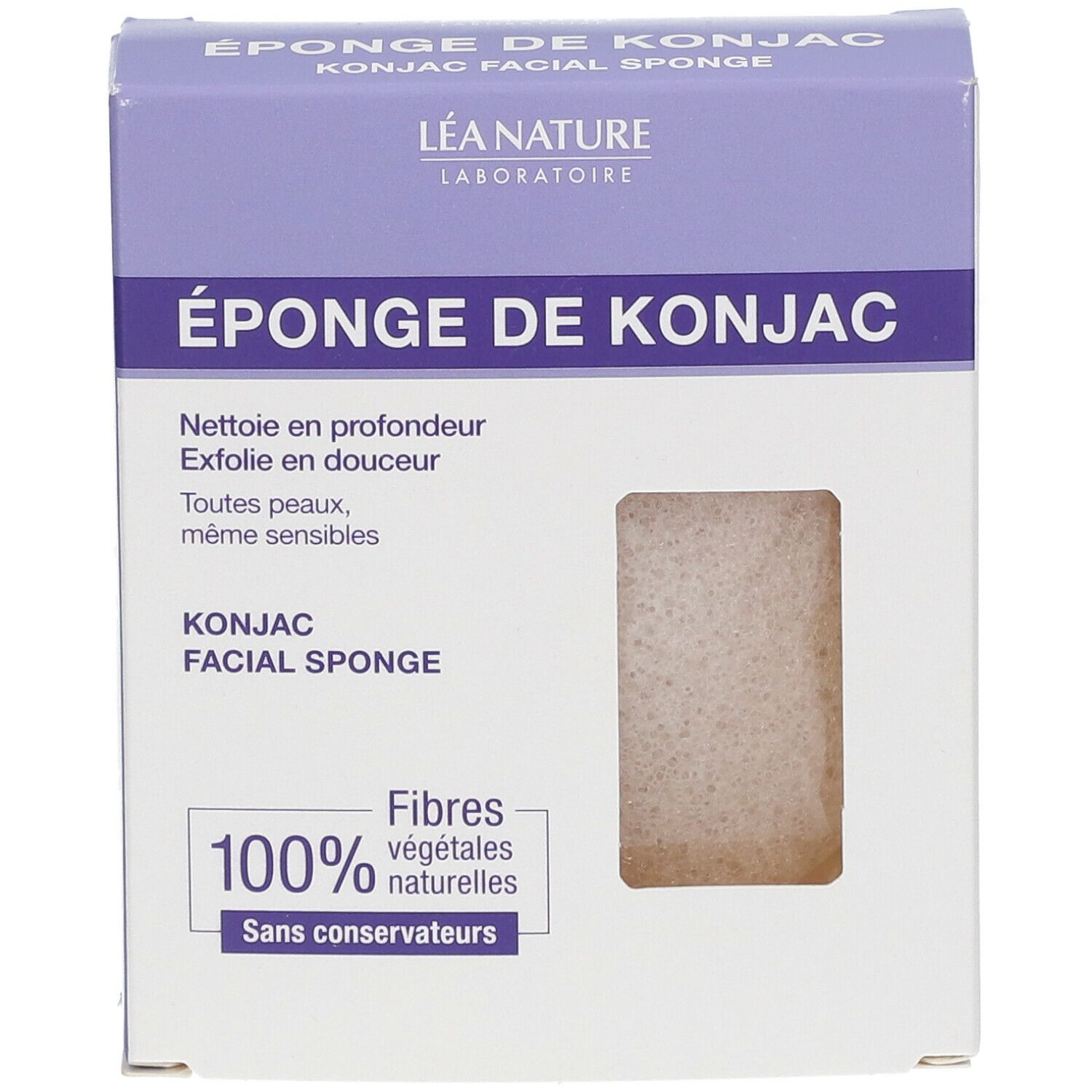 Boîte de Konjac Facial Sponge. Texte: ÉPONGE DE KONJAC, 100% fibres végétales naturelles, sans conservateurs. Éponge visible.
