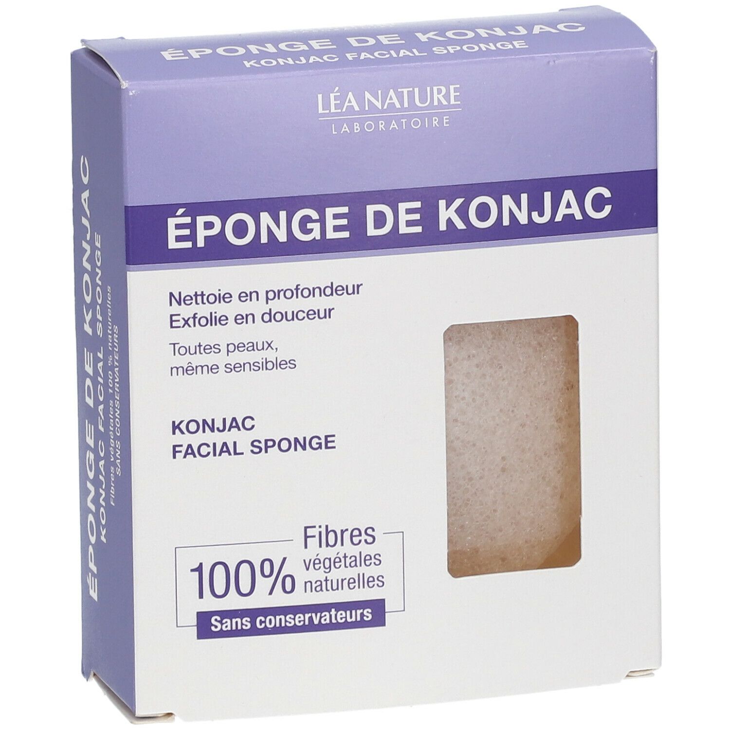 Boîte de Konjac Facial Sponge. Texte: ÉPONGE DE KONJAC, 100% fibres végétales naturelles, sans conservateurs. Éponge visible.
