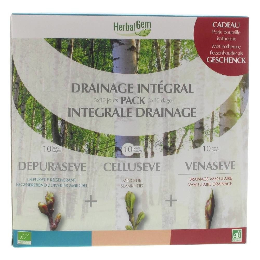 Verpakking met drie producten. Opschrift: Drainage Intégral. Bevat 3x10 dagen packs. Met cadeau: flessenhouder.