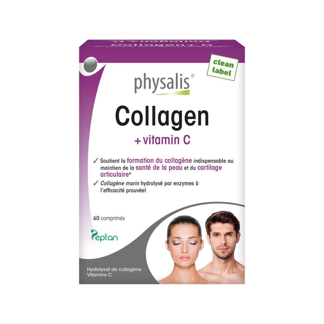 Boîte de Physalis Collagen + C. Inscription: Collagen + C. Contient 60 comprimés. Avec logo et texte en français.
