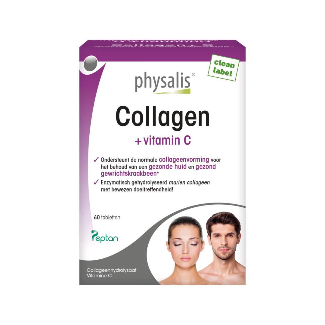 Doos van Physalis Collagen + C. Opschrift: Collagen + C. Bevat 60 tabletten. Met logo en tekst in het Nederlands.