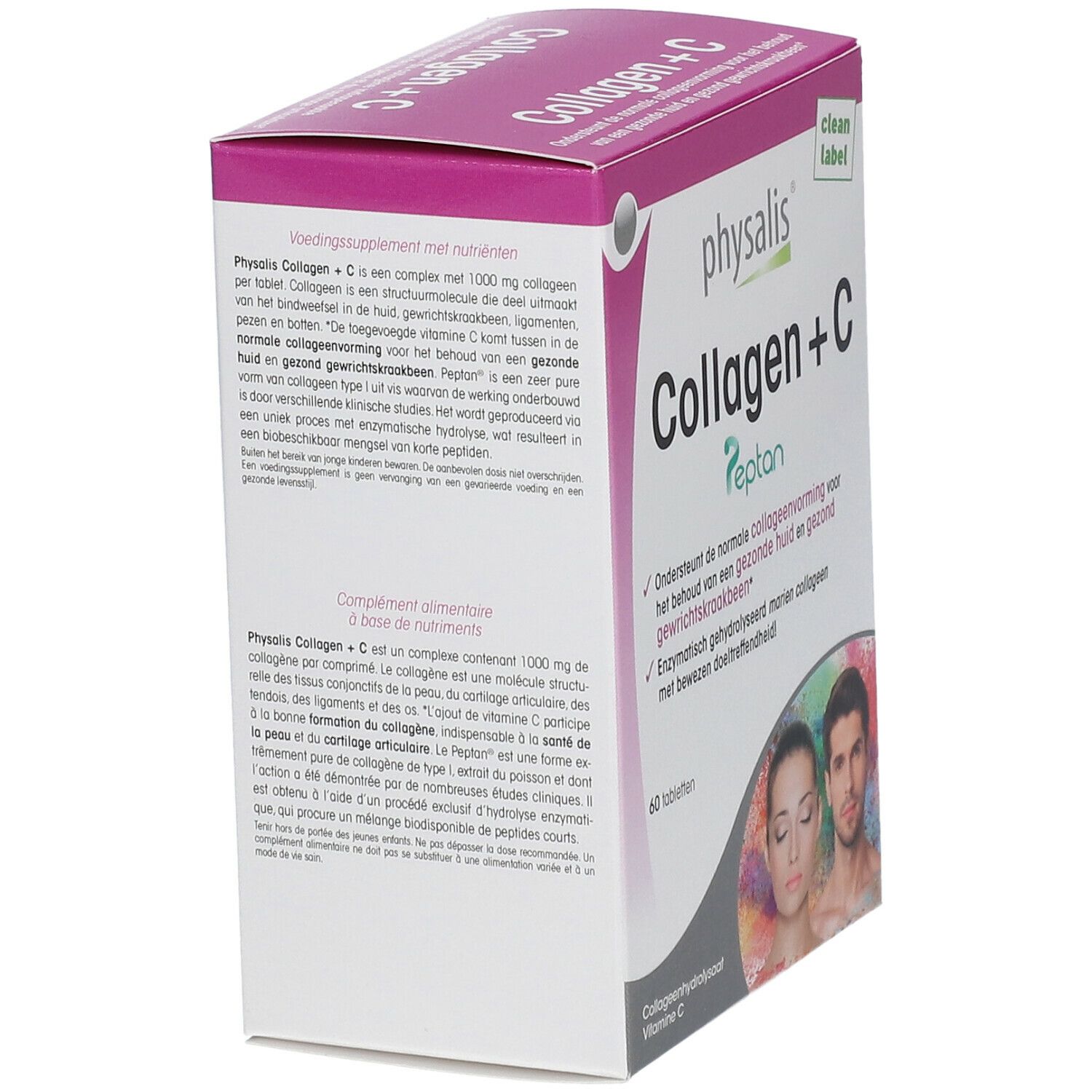 Doos van Physalis Collagen + C. Opschrift: Collagen + C Peptan. Bevat 60 tabletten. Met logo en tekst in het Nederlands.