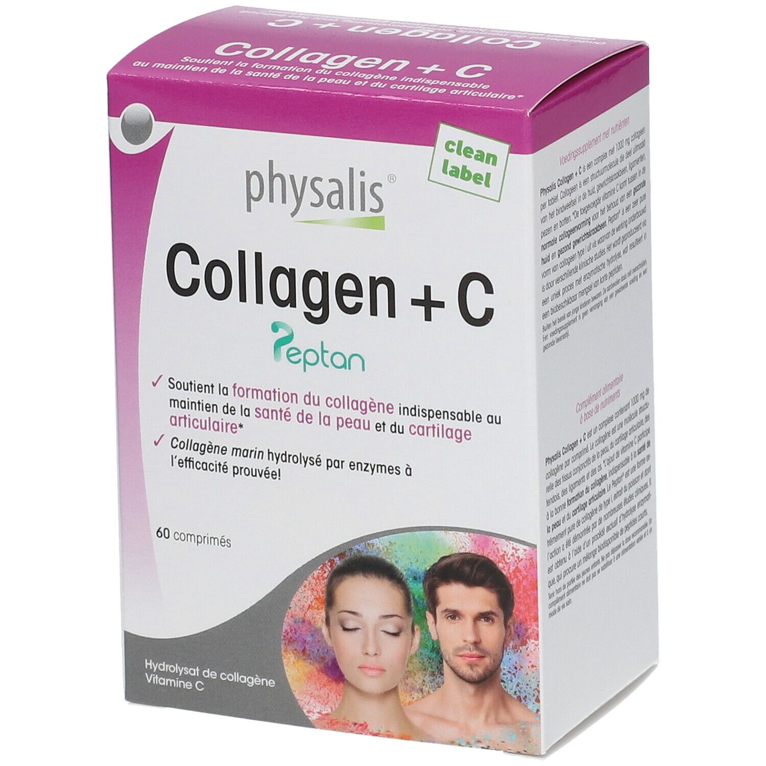 Doos van Physalis Collagen + C. Opschrift: Collagen + C Peptan. Bevat 60 tabletten. Met logo en tekst in het Frans.