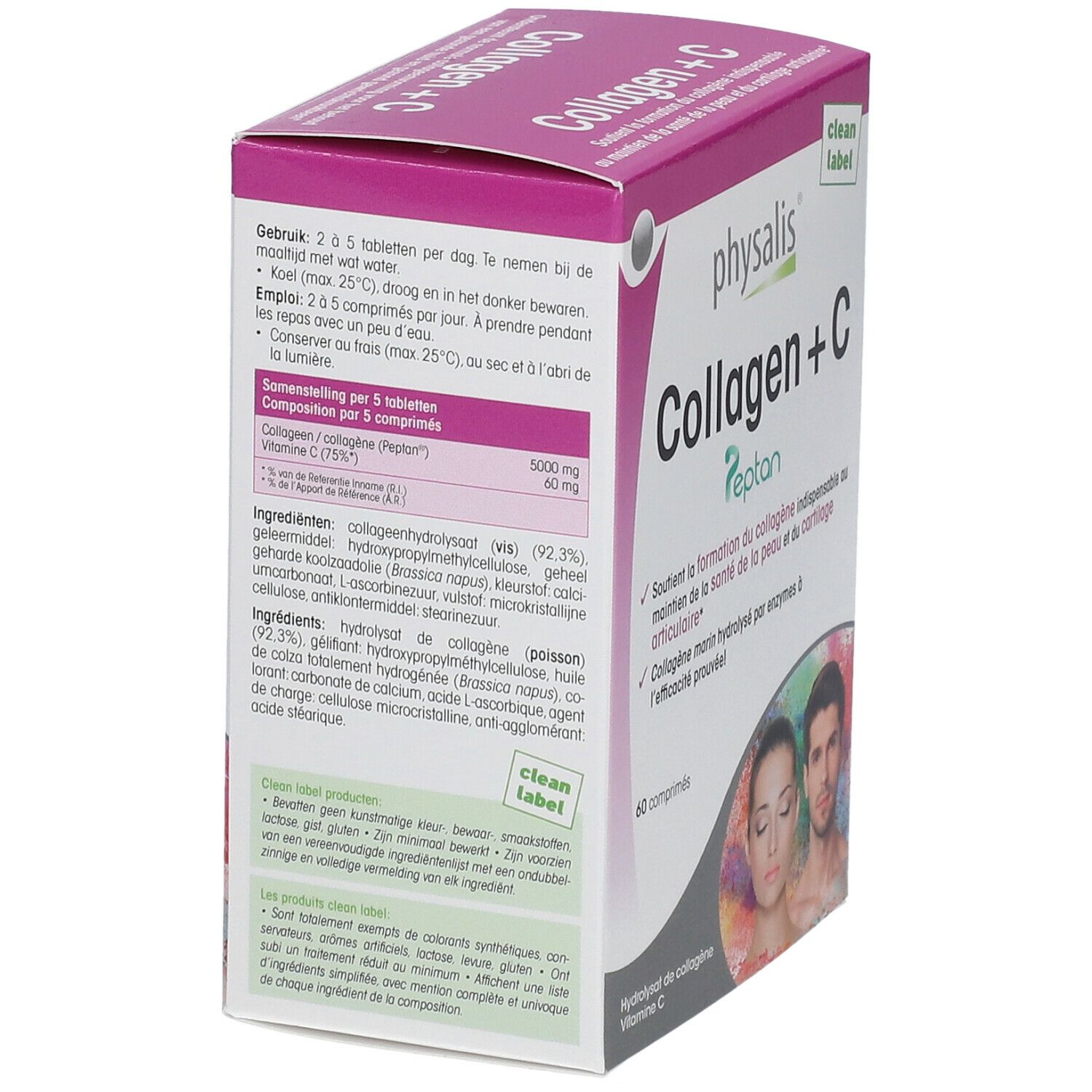 Doos van Physalis Collagen + C. Opschrift: Collagen + C Peptan. Bevat 60 tabletten. Met logo en tekst in het Nederlands.