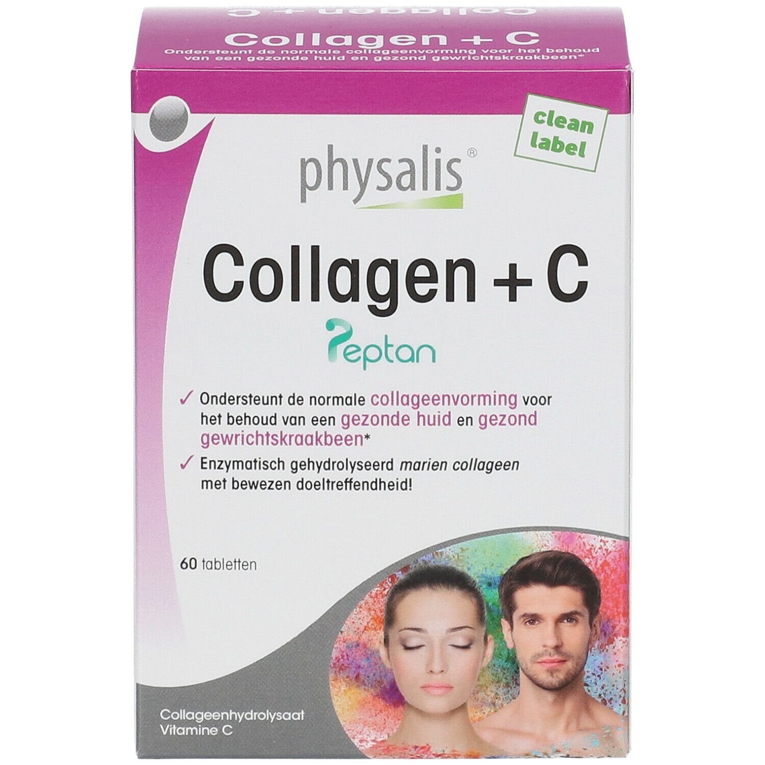 Doos van Physalis Collagen + C. Opschrift: Collagen + C Peptan. Bevat 60 tabletten. Met logo en tekst in het Nederlands.