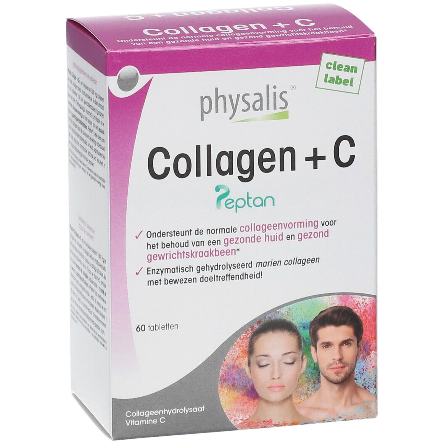 Doos van Physalis Collagen + C. Opschrift: Collagen + C Peptan. Bevat 60 tabletten. Met logo en tekst in het Nederlands.