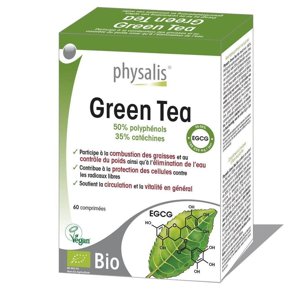 Boîte de thé vert Physalis. 60 comprimés. Label Bio. 50% polyphénols, 10% catéchines. Diagramme EGCG. Emballage.