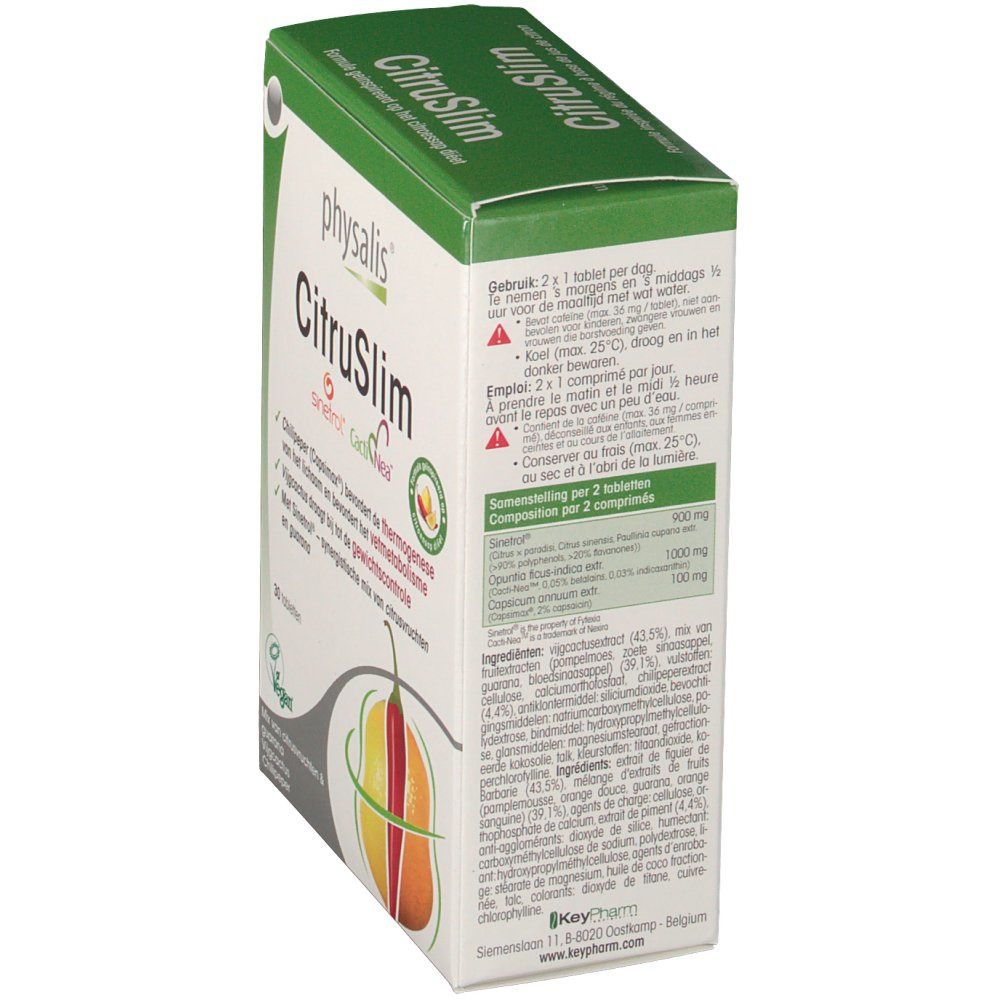 Boîte avec nom et logo du produit. Contient des informations sur le dosage et les ingrédients. Texte au dos.