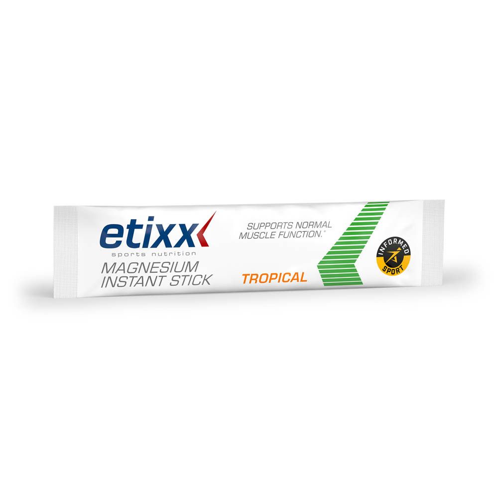 Stick Etixx Magnesium Instant. Emballage blanc avec informations et logo. Goût Tropical.