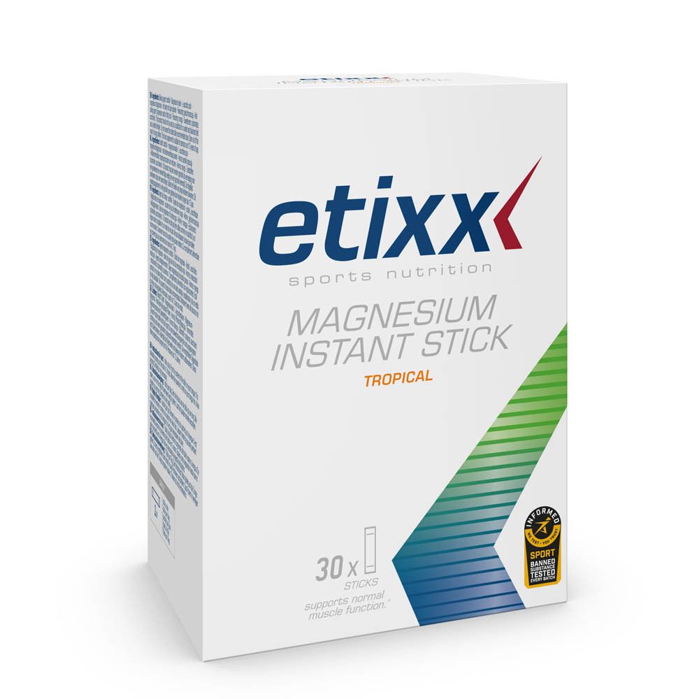 Etixx Magnesium Instant Stick, 30 sticks. Boîte blanche avec logo, nom du produit et goût Tropical. Avec certification.