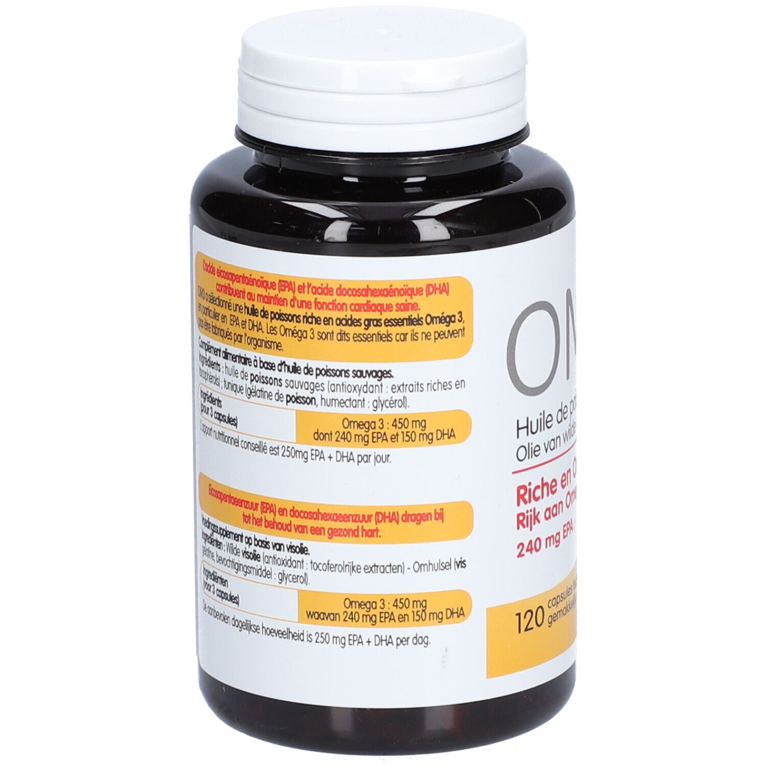 Dos de la bouteille brune. Texte avec informations sur les acides gras oméga-3, ingrédients et dosage. 120 capsules.