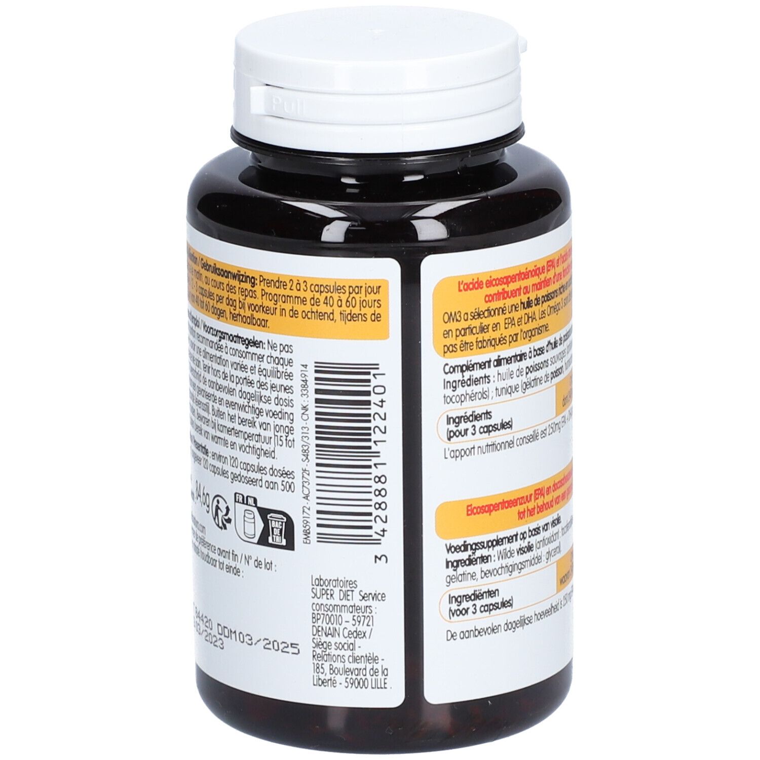 Dos de la bouteille brune. Texte avec conseils d'utilisation, ingrédients et coordonnées. 120 capsules.