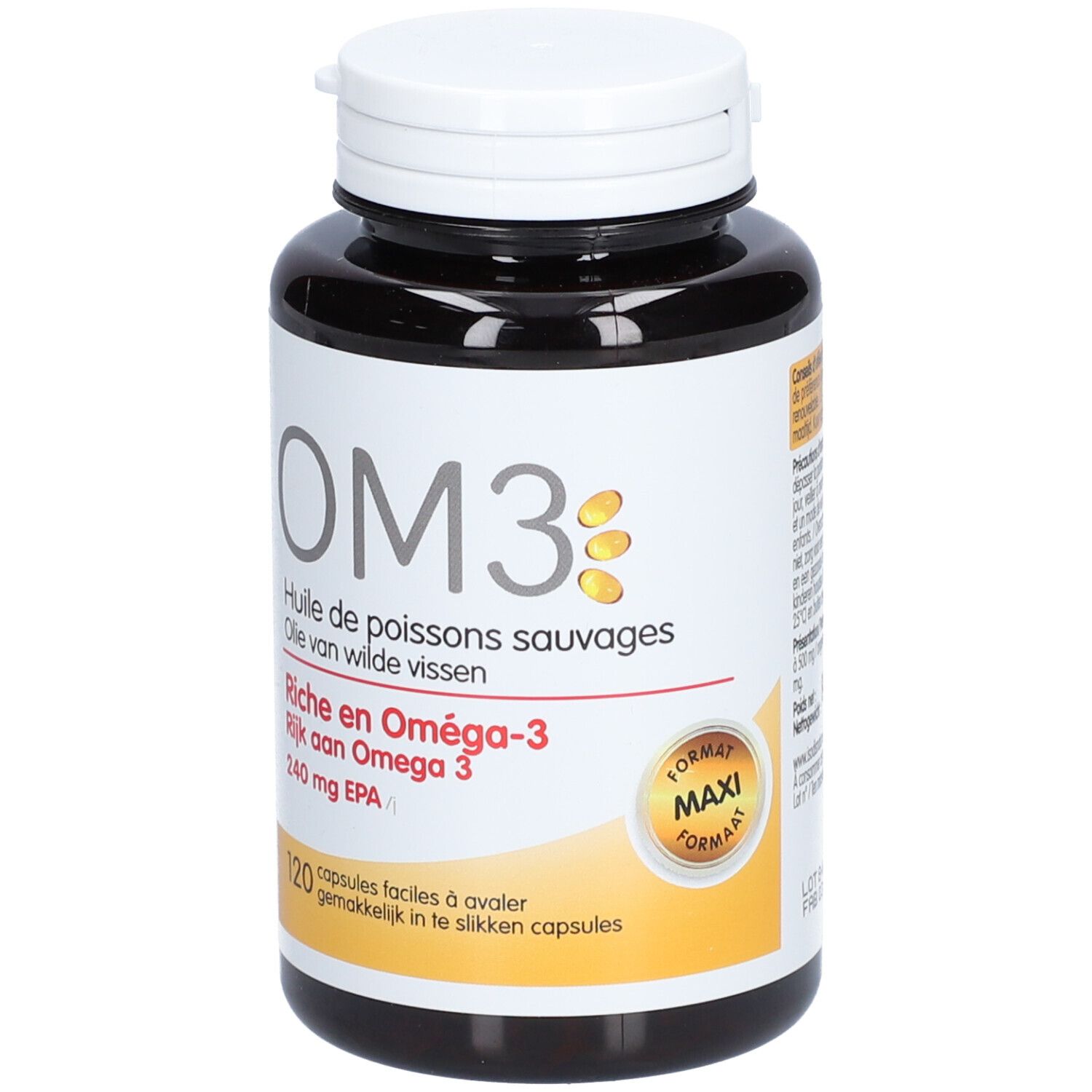 Flacon brun avec bouchon blanc. Inscription OM3, Huile de poissons sauvages, 120 capsules. Riche en Oméga-3, 240 mg EPA. Format Maxi.