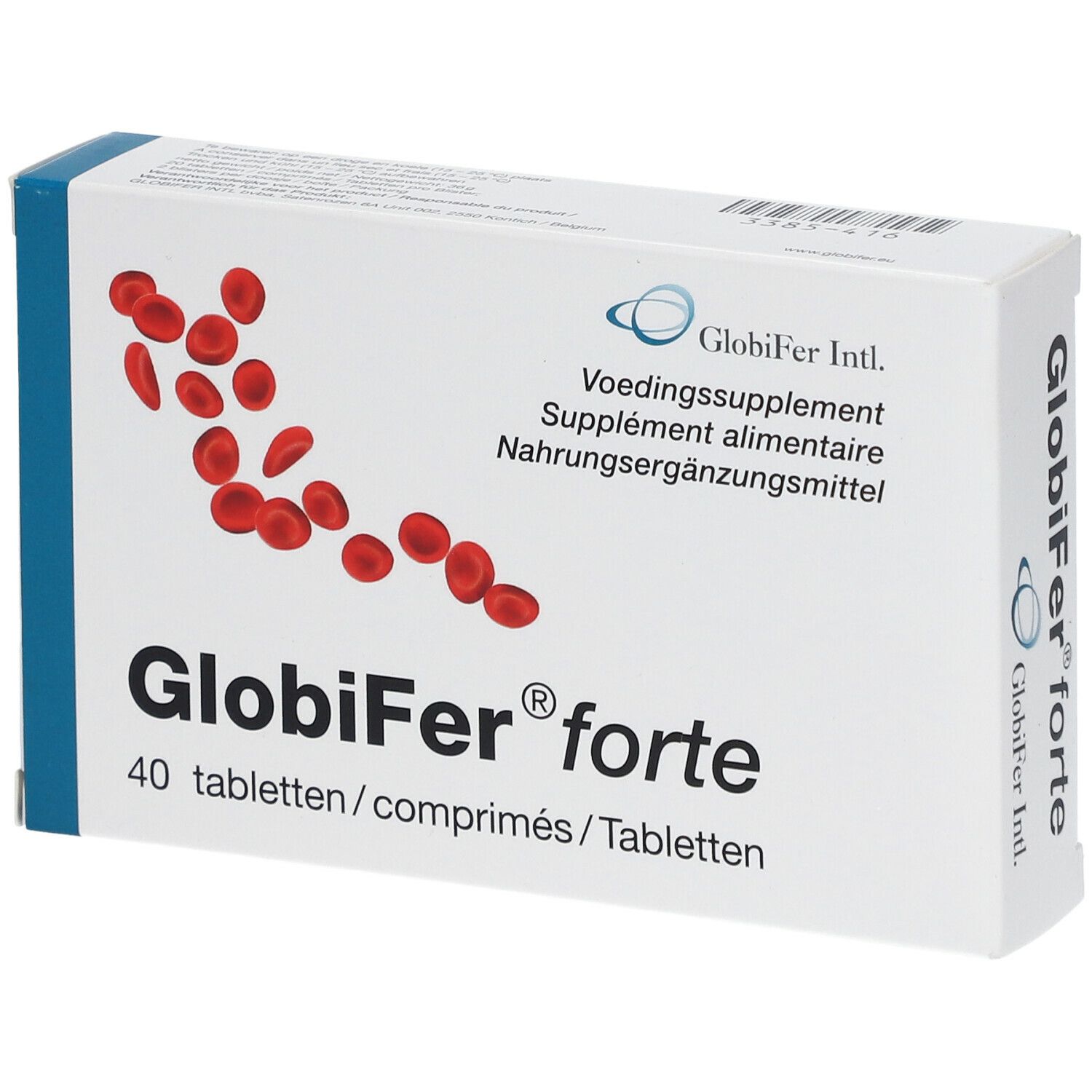 Witte doos met rode afbeelding en tekst Globifer forte. 40 tabletten. Blauwe accenten.