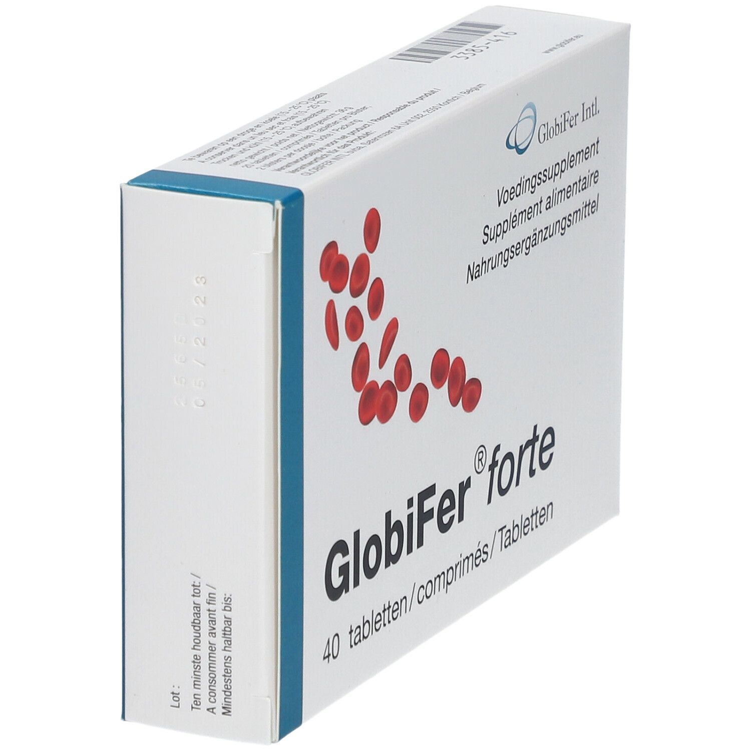 Globifer forte doos, zijaanzicht. Tekst en rode afbeelding. Blauwe accenten. Houdbaarheidsdatum.