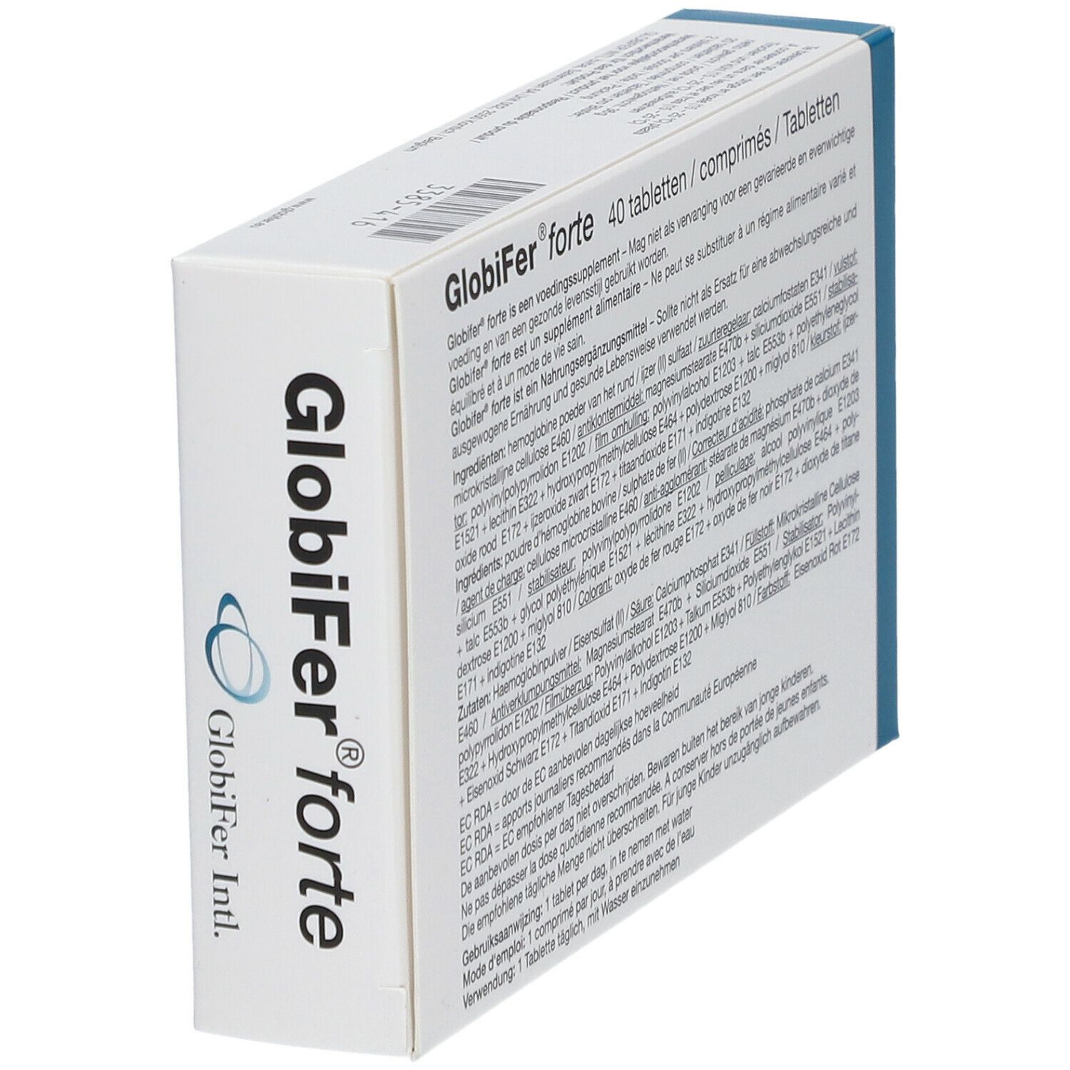 Globifer forte doos, schuine weergave. Tekst en rode afbeelding. Blauwe accenten. Ingrediënten en gebruiksaanwijzing.