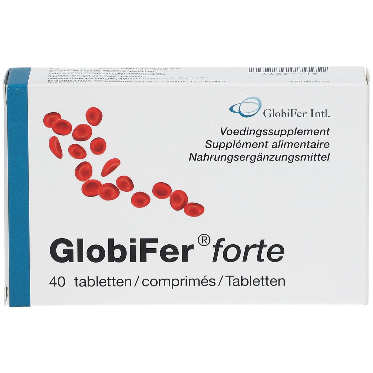 Witte doos met rode afbeelding en tekst Globifer forte. 40 tabletten. Blauwe accenten.