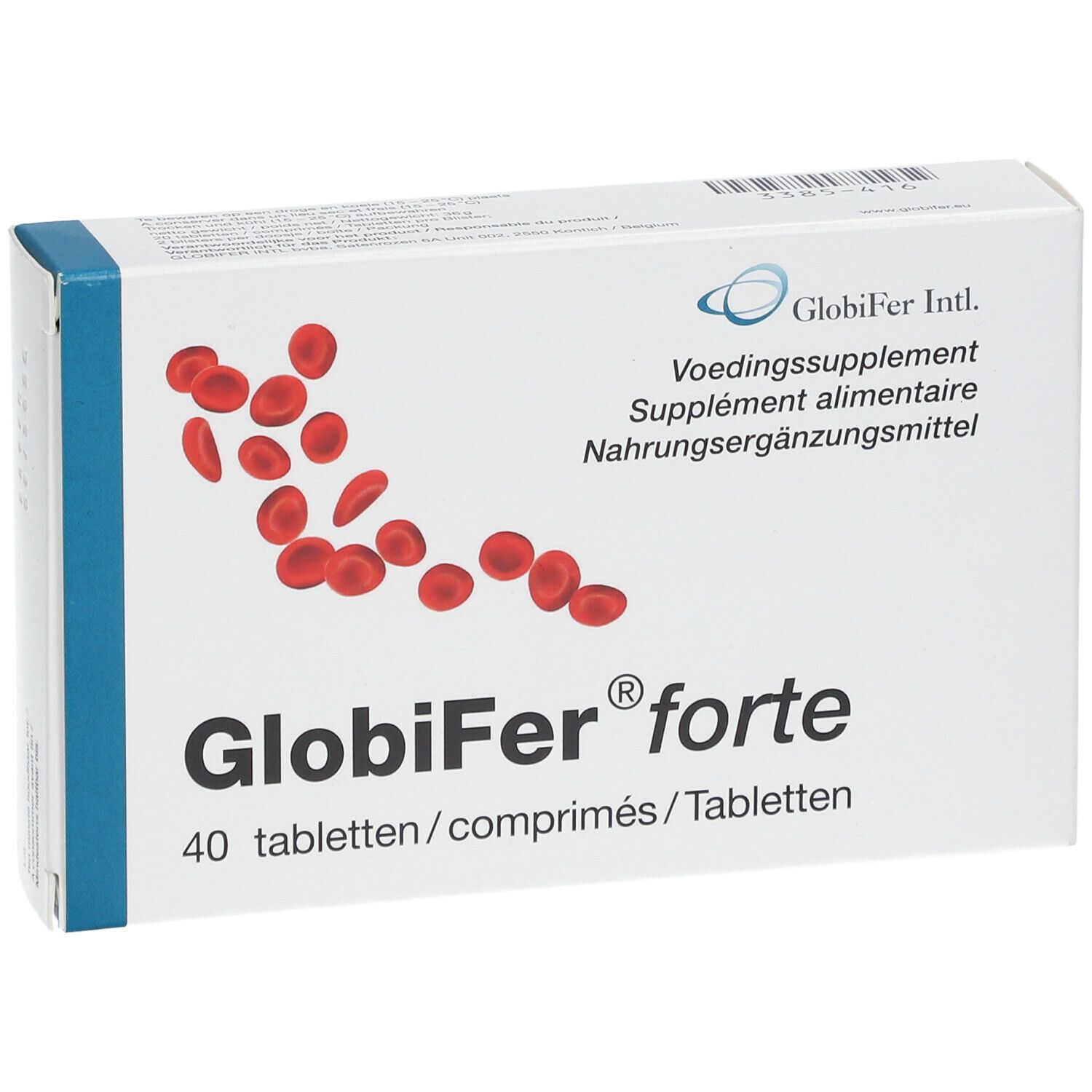 Witte doos met rode afbeelding en tekst Globifer forte. 40 tabletten. Blauwe accenten.