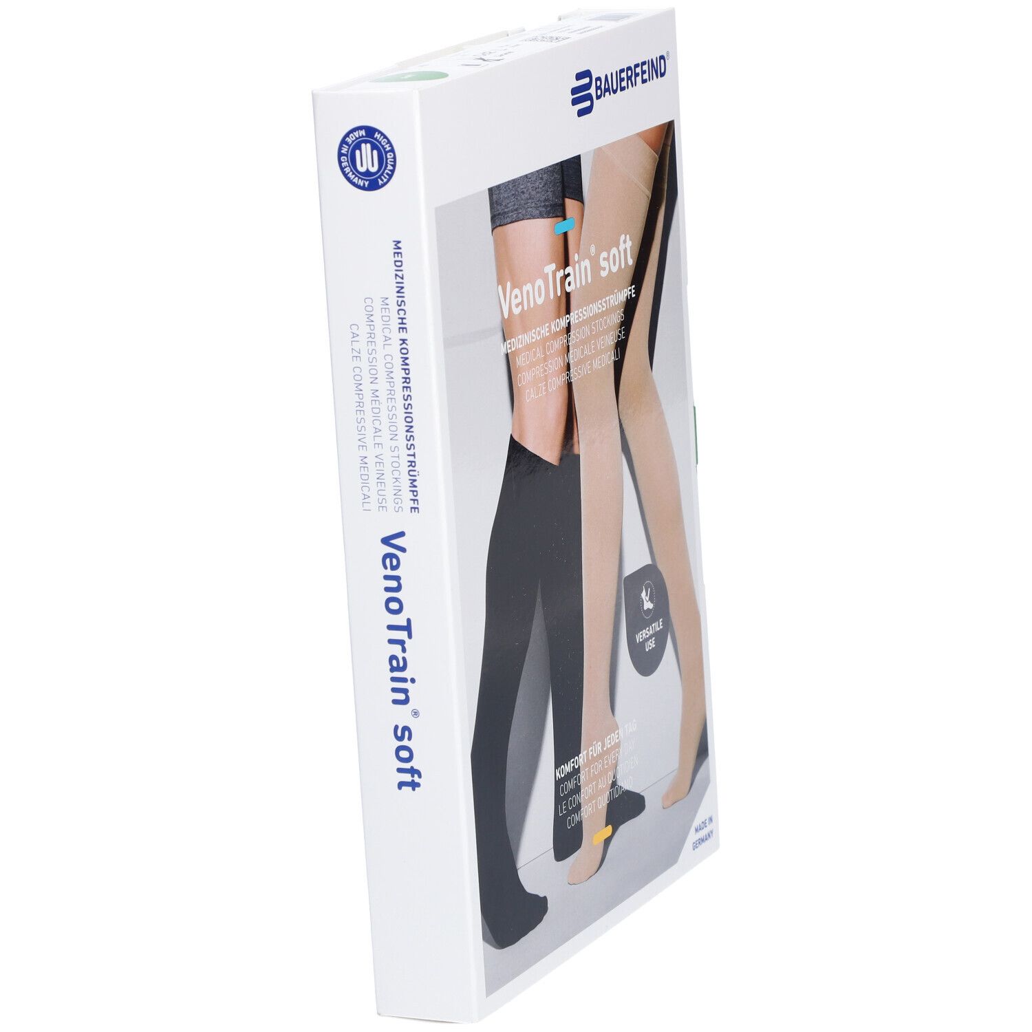 Verpakking met compressiekousen. Merk Bauerfeind, model VenoTrain soft. Zijaanzicht.