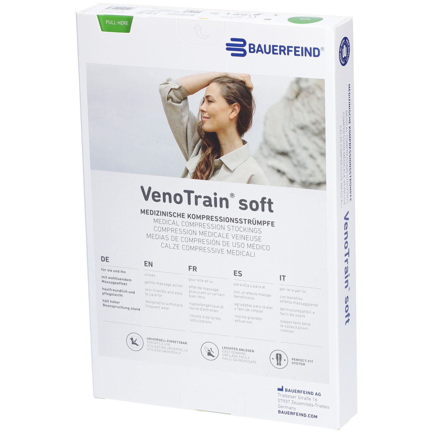 Achterkant van de verpakking met compressiekousen. Merk Bauerfeind, model VenoTrain soft. Meertalige tekst.