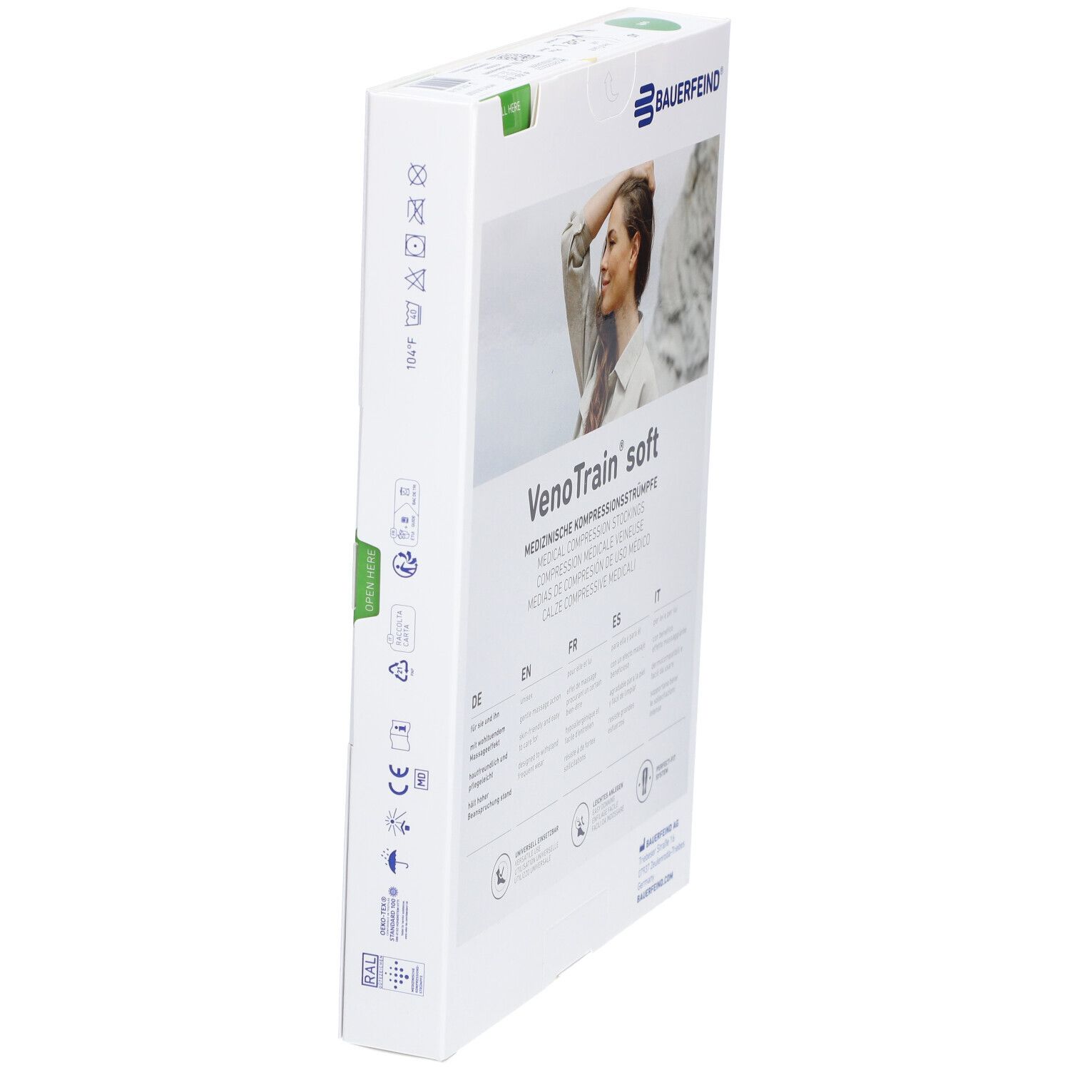 Zijkant van de verpakking met compressiekousen. Merk Bauerfeind, model VenoTrain soft. Met pictogrammen.