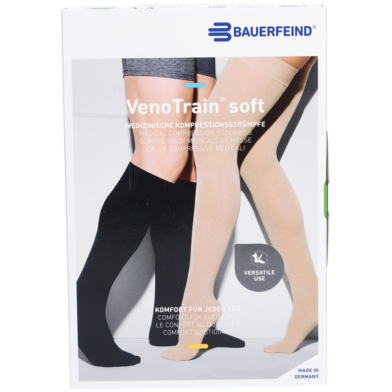 Verpakking met compressiekousen. Merk Bauerfeind, model VenoTrain soft. Zwarte en beige kousen afgebeeld.