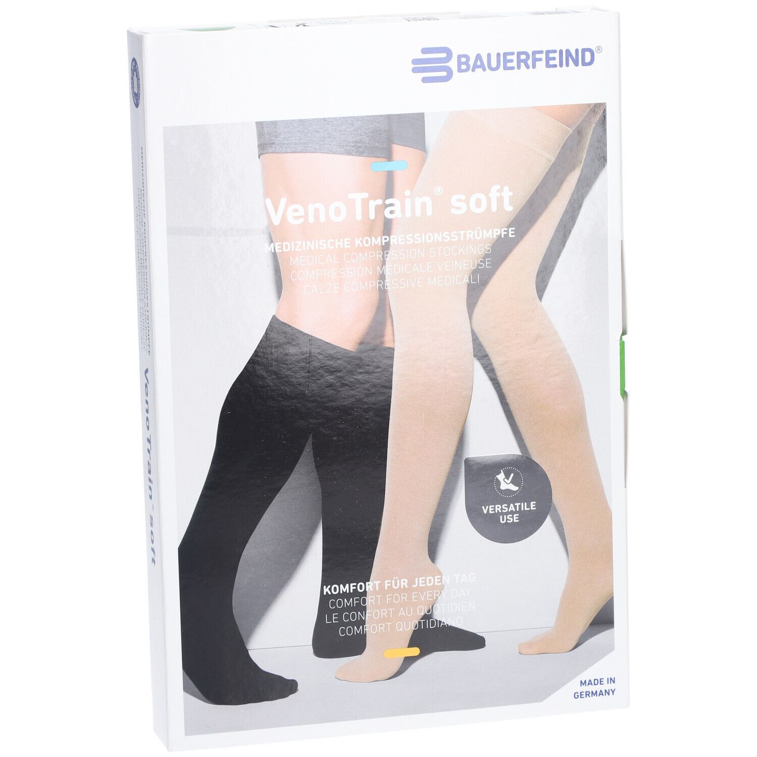 Verpakking met compressiekousen. Merk Bauerfeind, model VenoTrain soft. Zwarte en beige kousen afgebeeld.