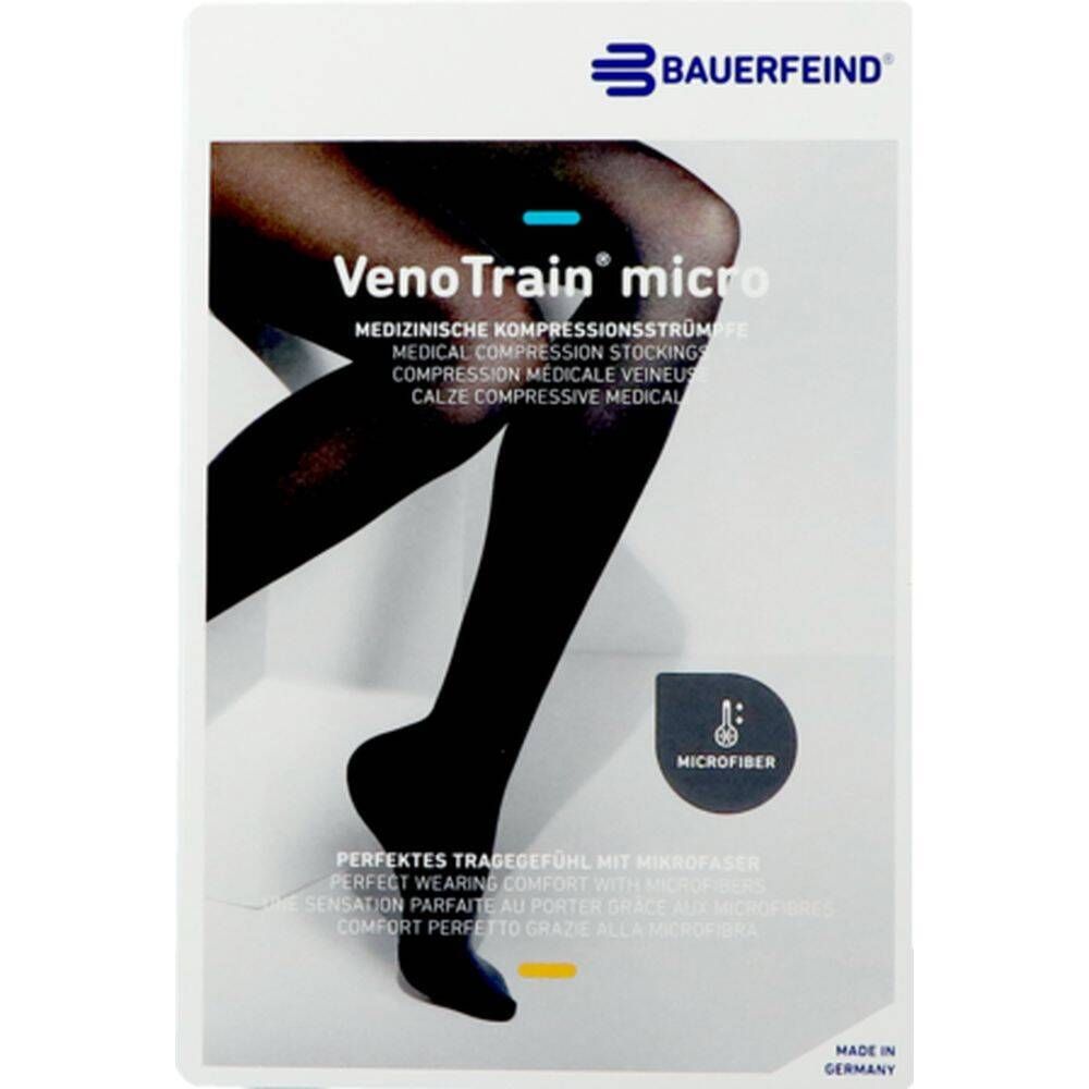 Verpakking met compressiekousen. Merk: Bauerfeind. Productnaam: VenoTrain micro. Zwart, microvezel. Microfiber label.