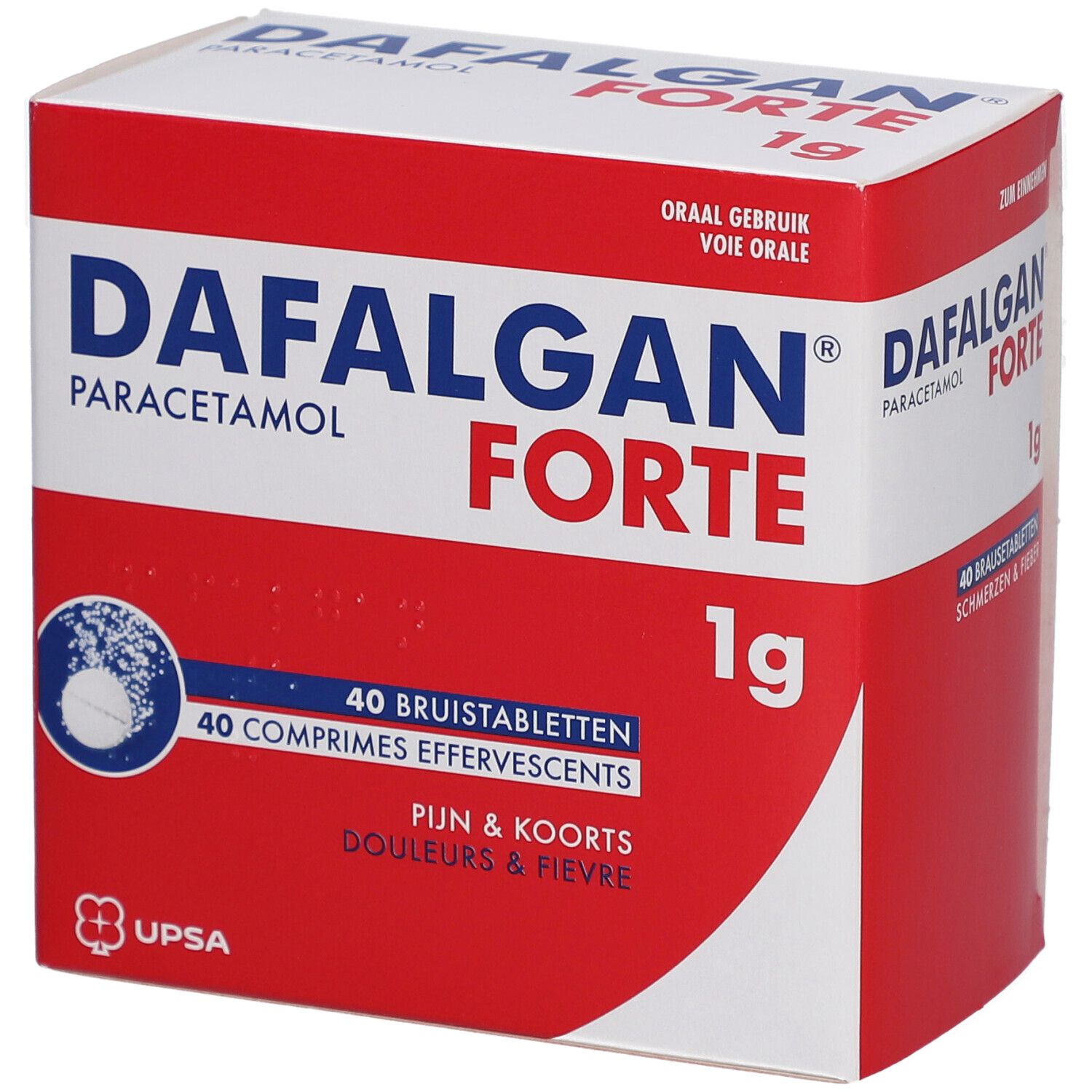 Dafalgan Forte 1g doos. Rode en witte verpakking. Bevat 40 bruistabletten. Opschrift: Paracetamol, Douleurs & Fièvre.