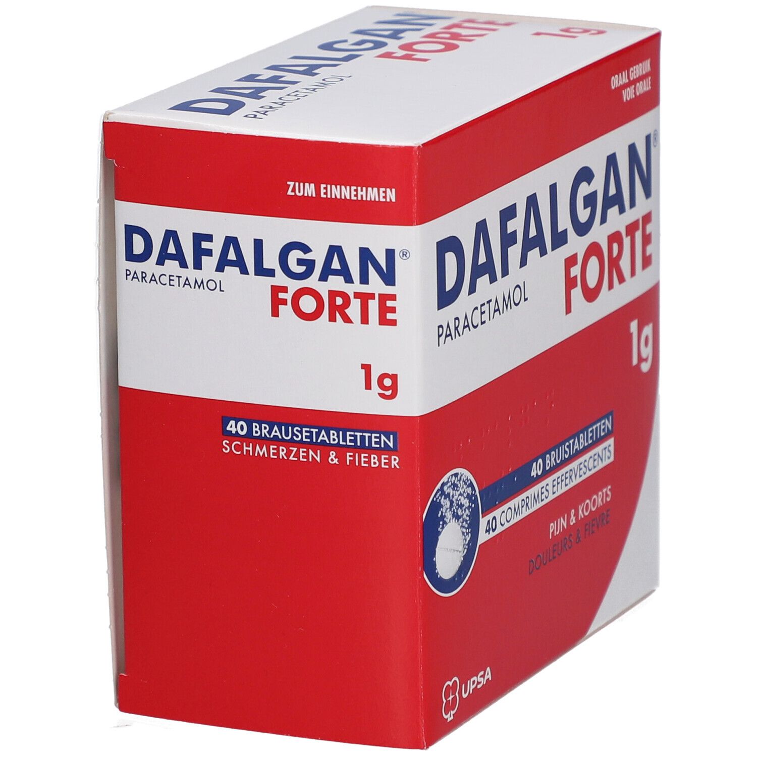 Dafalgan Forte 1g doos. Rode en witte verpakking. Bevat 40 bruistabletten. Opschrift: Paracetamol, Pijn & Koorts.