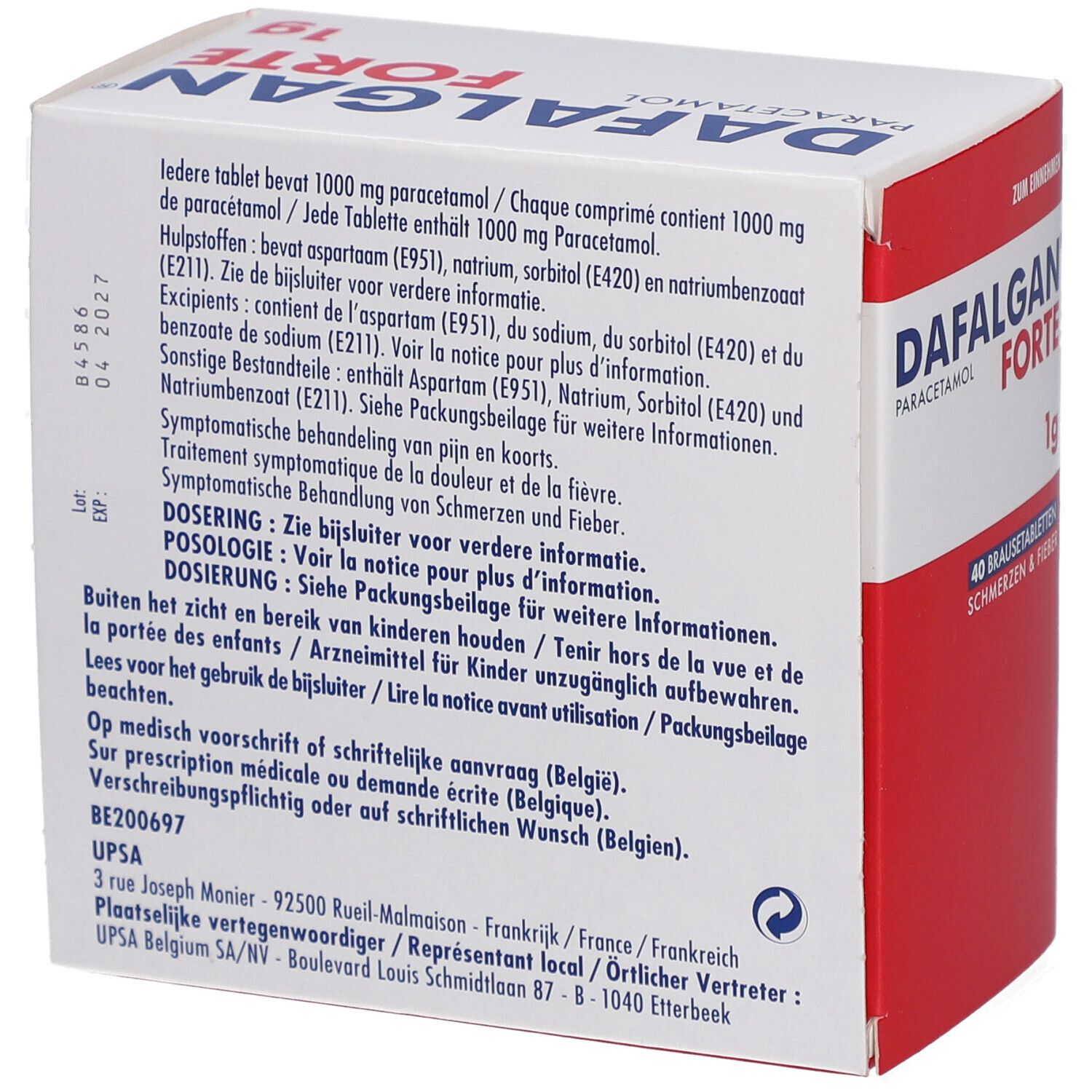 Dafalgan Forte 1g doos. Achterkant met tekst. Bevat informatie over ingrediënten, dosering en fabrikant. Meertalige tekst.