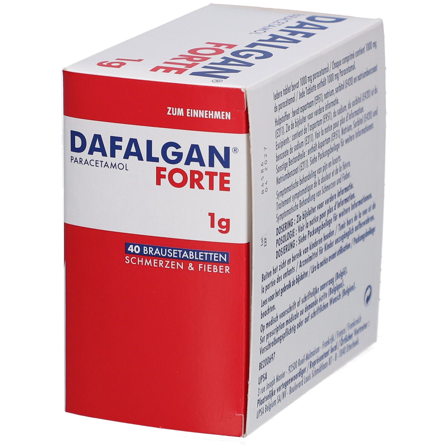 Dafalgan Forte 1g doos. Rode en witte verpakking. Bevat 40 bruistabletten. Opschrift: Paracetamol, Pijn & Koorts.