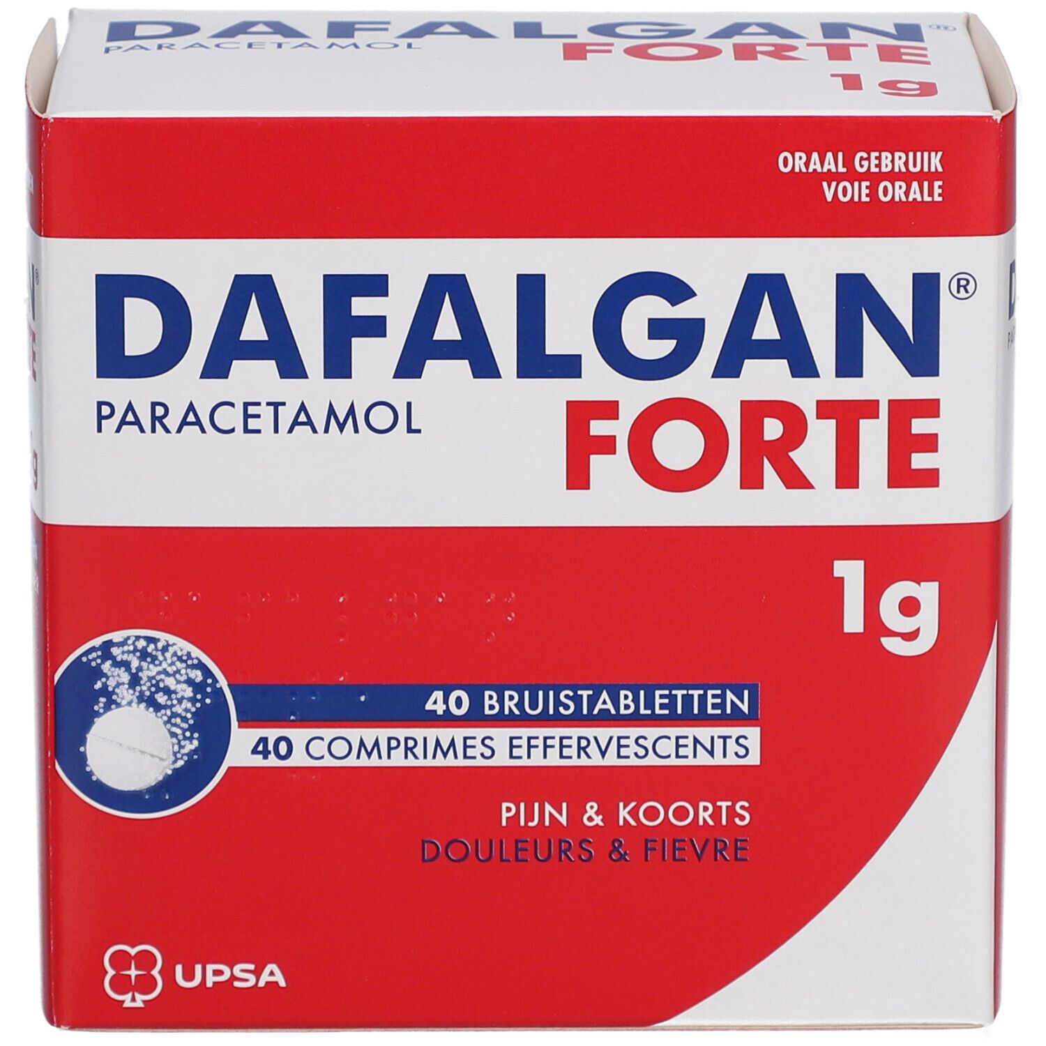 Dafalgan Forte 1g doos. Rode en witte verpakking. Bevat 40 bruistabletten. Opschrift: Paracetamol, Pijn & Koorts.
