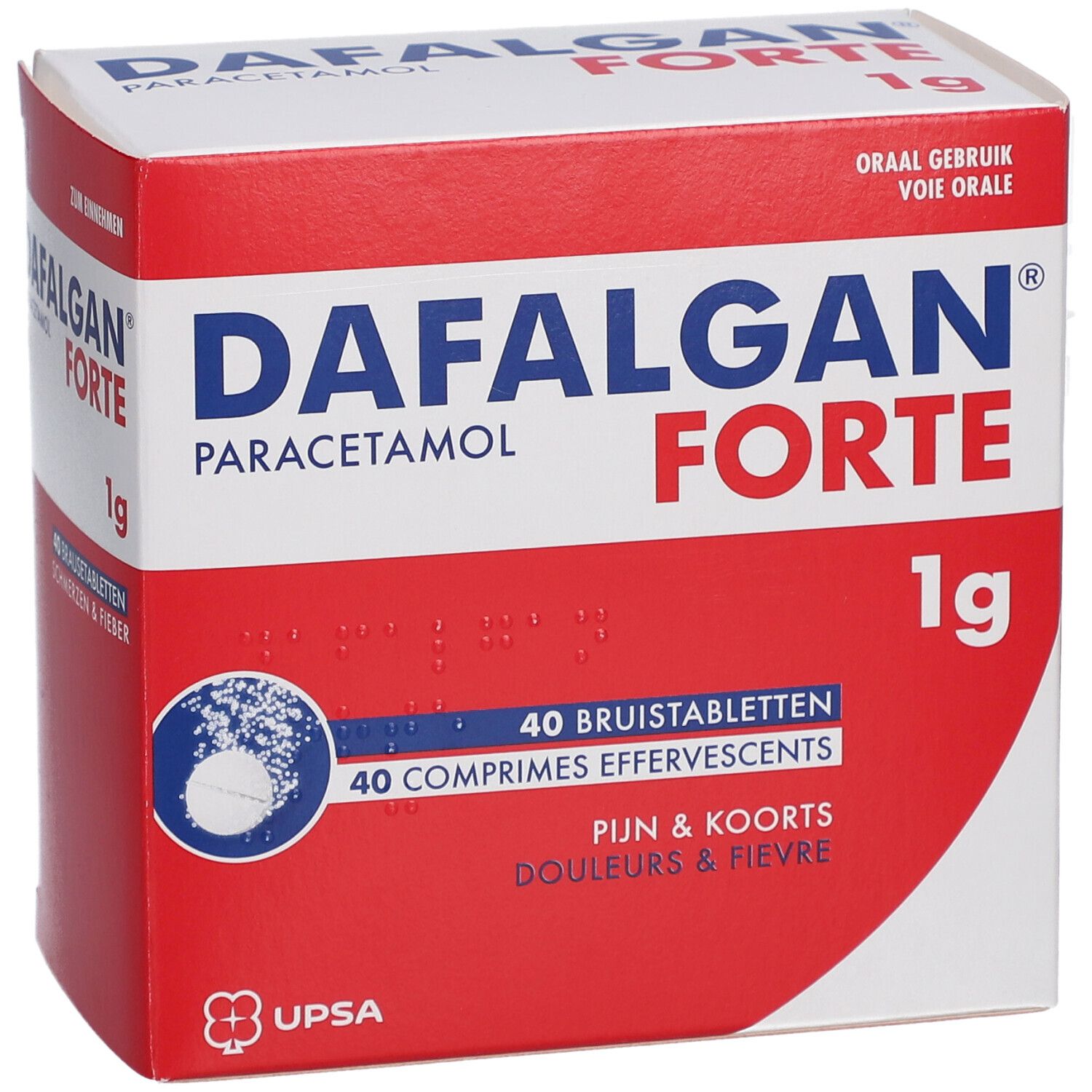 Dafalgan Forte 1g doos. Rode en witte verpakking. Bevat 40 bruistabletten. Opschrift: Paracetamol, Pijn & Koorts.