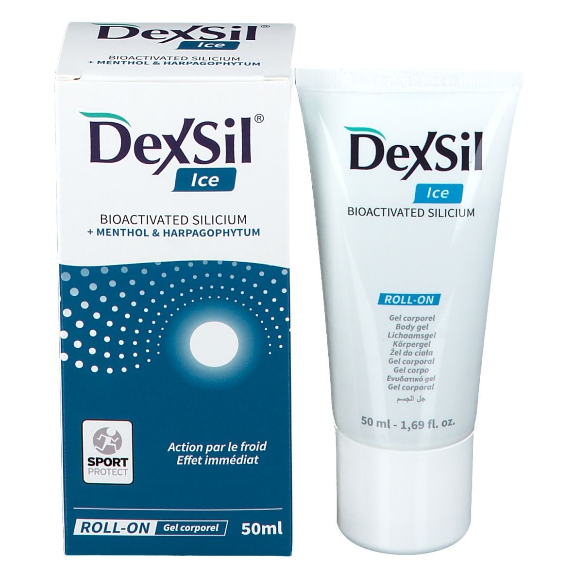 Produktverpackung: Tube und Schachtel. DexSil Ice, Roll-on Gel. 50 ml.