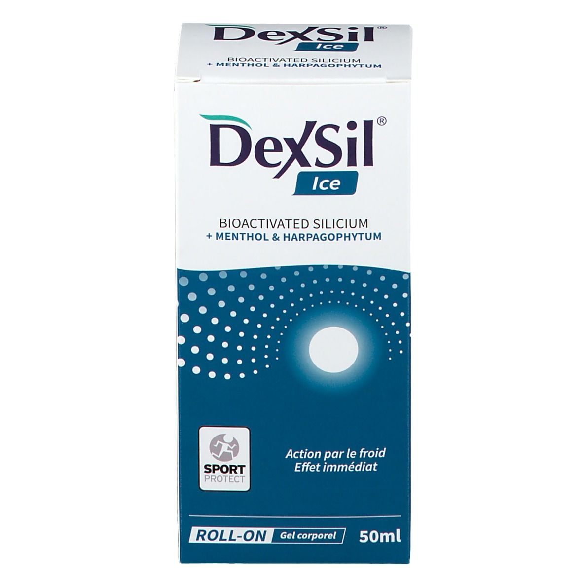 Weiße Schachtel mit blauem Design. DexSil Ice, Roll-on Gel. 50 ml.