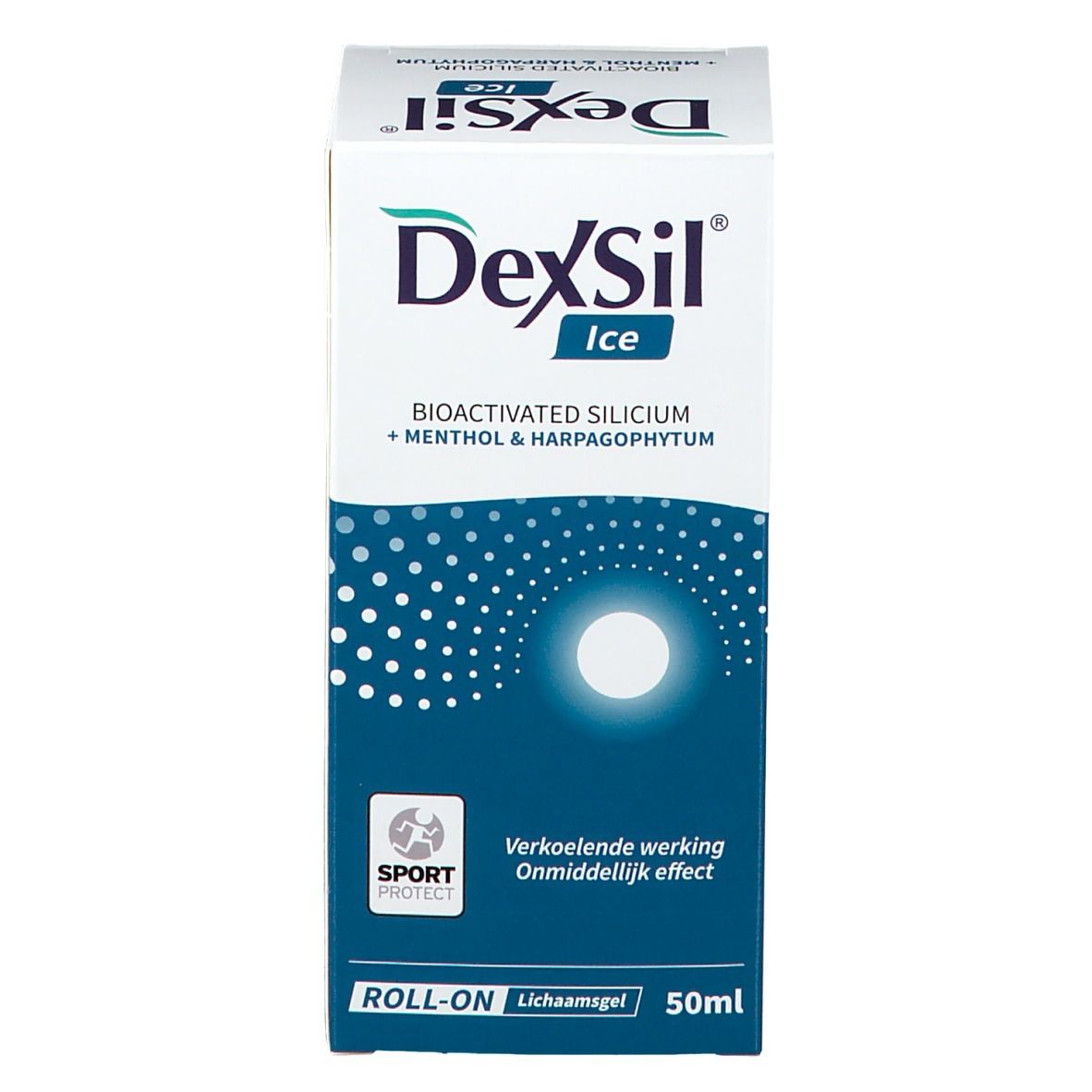 Weiße Schachtel mit blauem Design. DexSil Ice, Roll-on Gel. 50 ml.