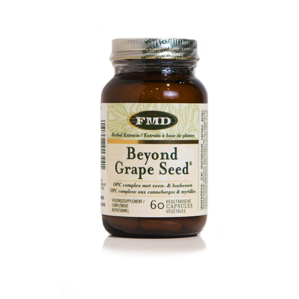 Flacon en verre brun avec bouchon argenté. Inscription : Beyond Grape Seed. 60 gélules. Végétarien.