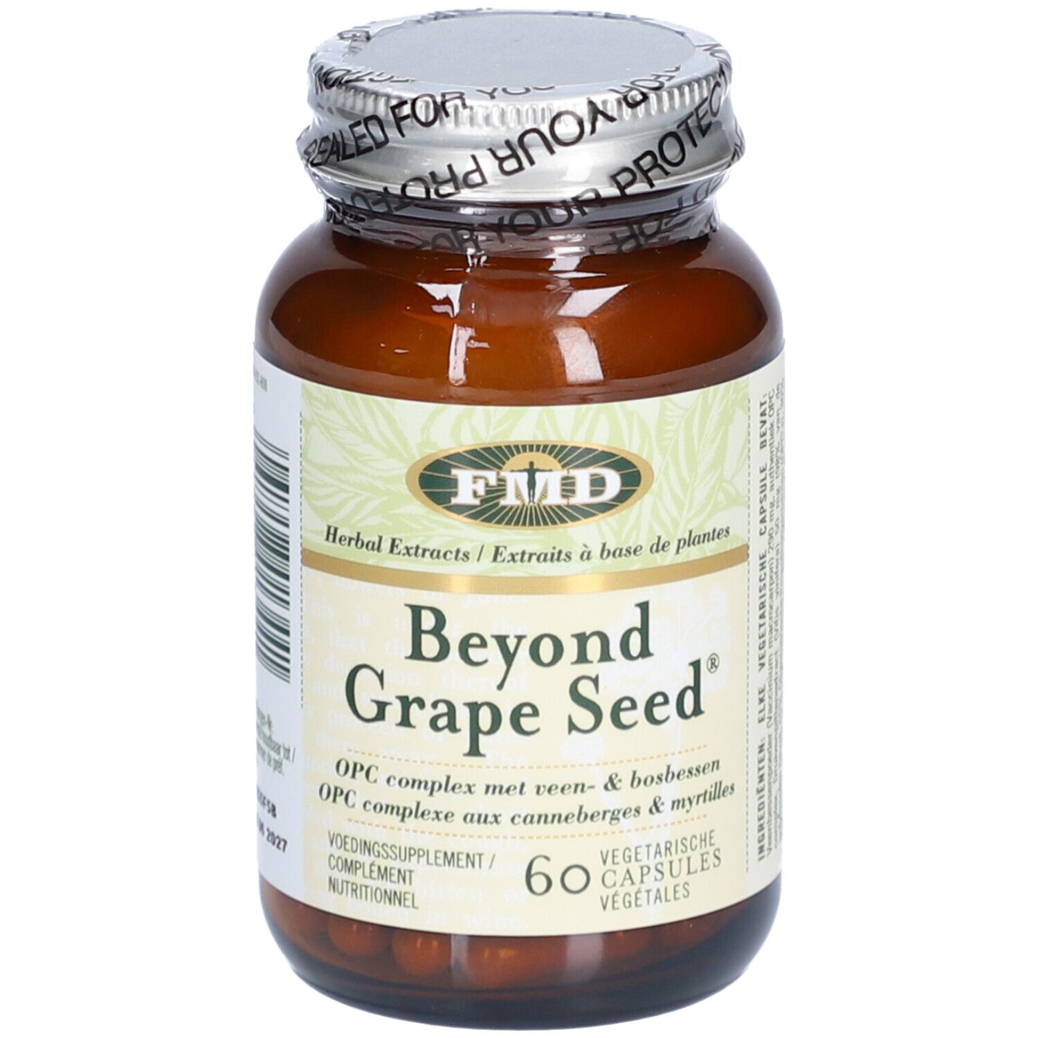 Flacon en verre brun avec bouchon argenté. Inscription : Beyond Grape Seed. 60 gélules. Végétarien.