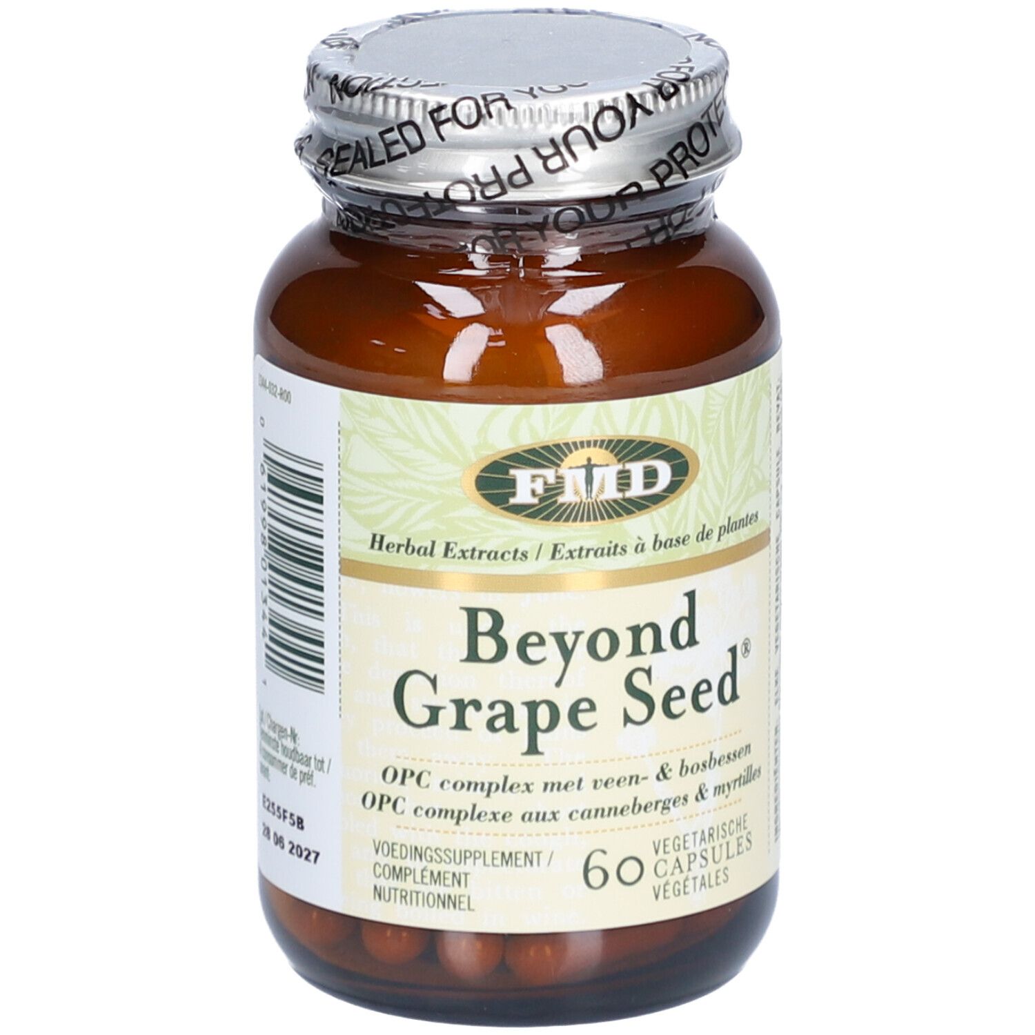 Flacon en verre brun avec bouchon argenté. Inscription : Beyond Grape Seed. 60 gélules. Végétarien.